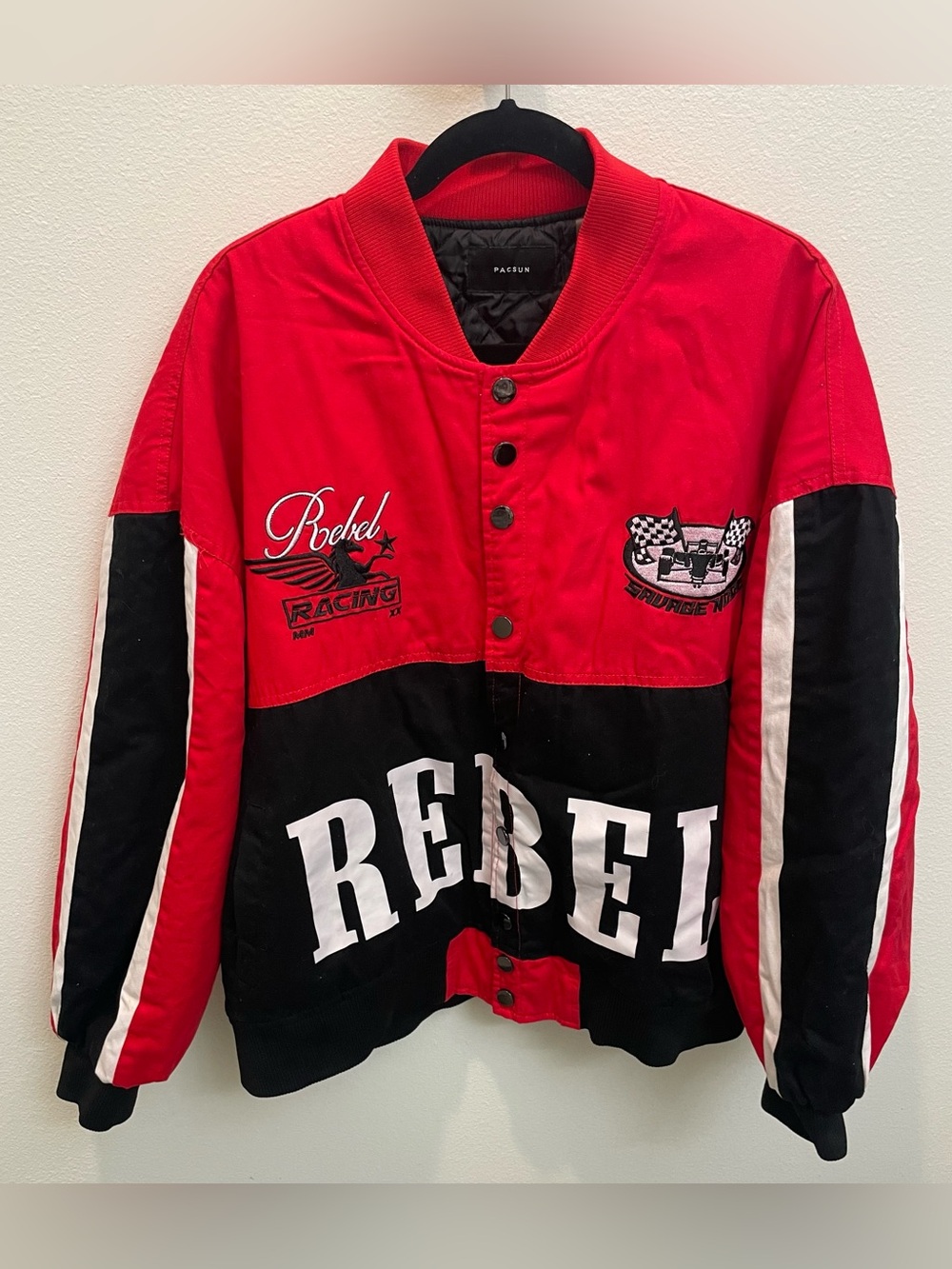 PacSun Red and Black 'Rebel Racing' Varsity Jacket